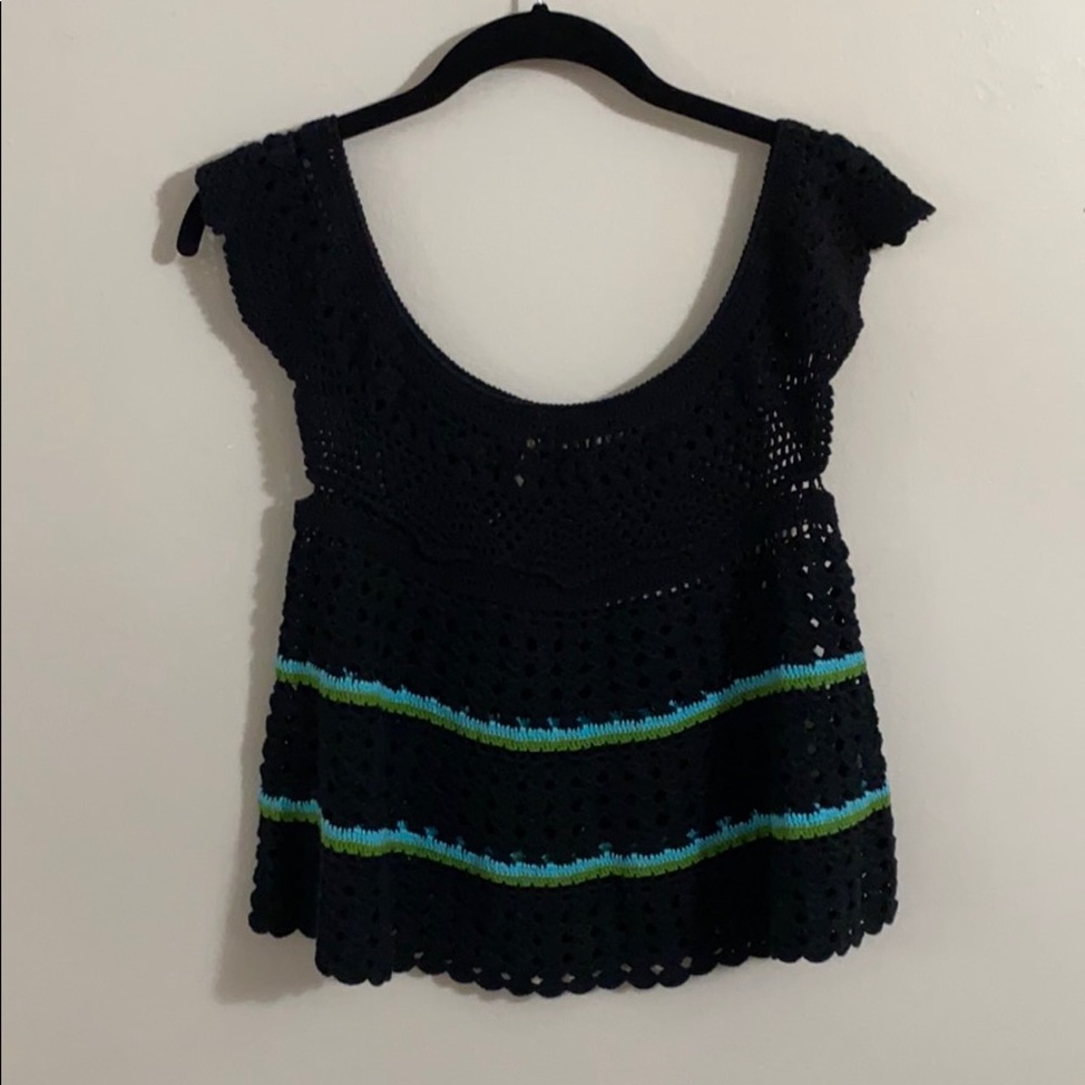 Free People Navy Striped Crochet Knit Sweater